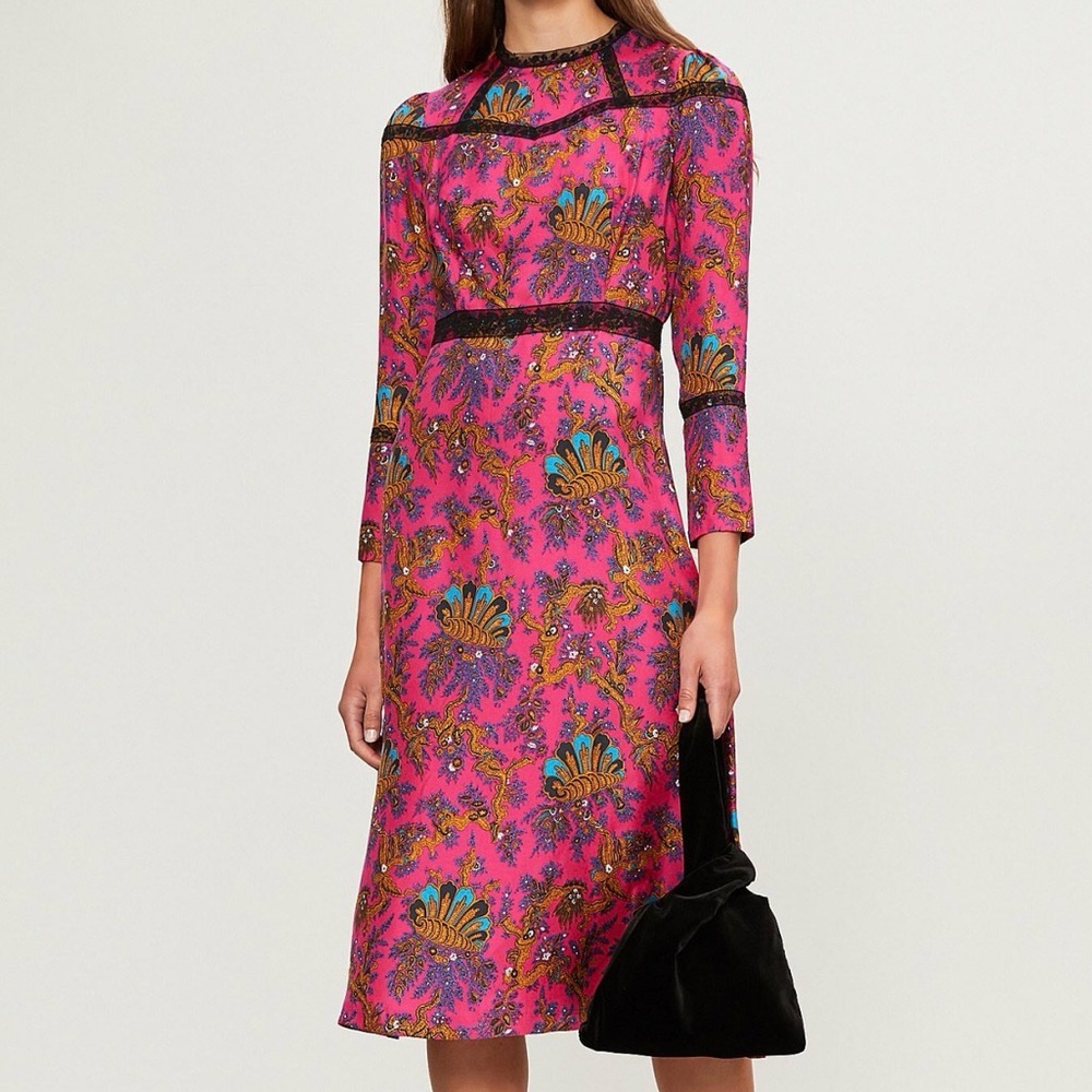 Sandro Pink Multi Floral Print Long Sleeve Midi Dress